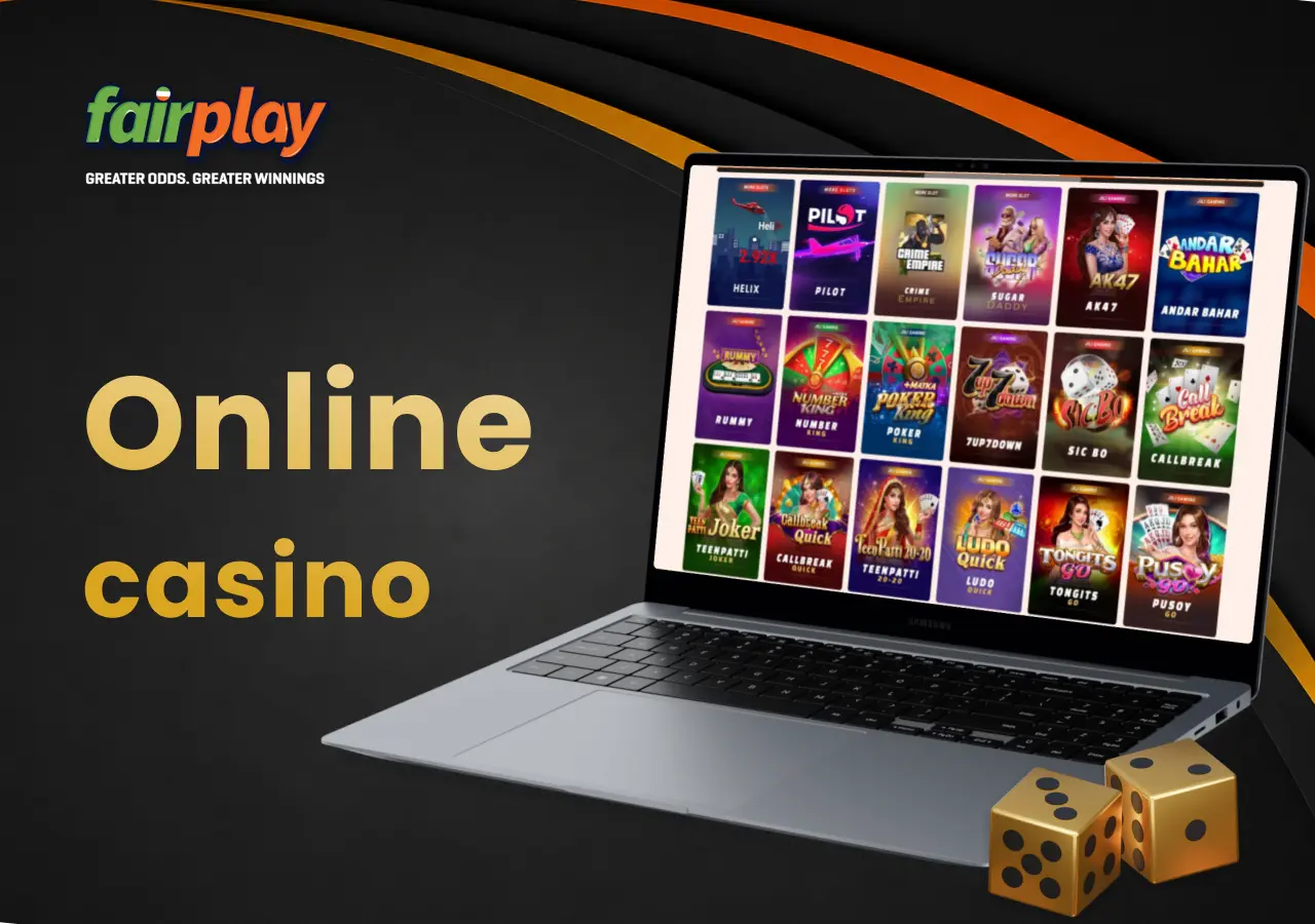 FairPlay casino games section shown on a laptop with dice positioned nearby.