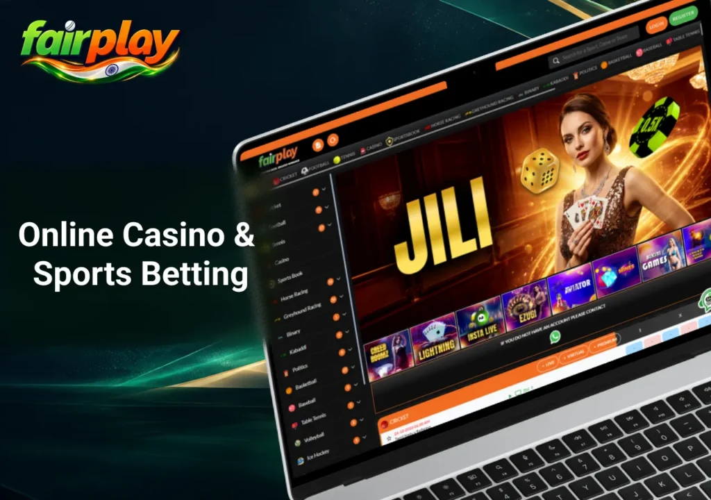 FairPlay online casino and sports betting platform in India displayed on a laptop with casino games and betting options.
