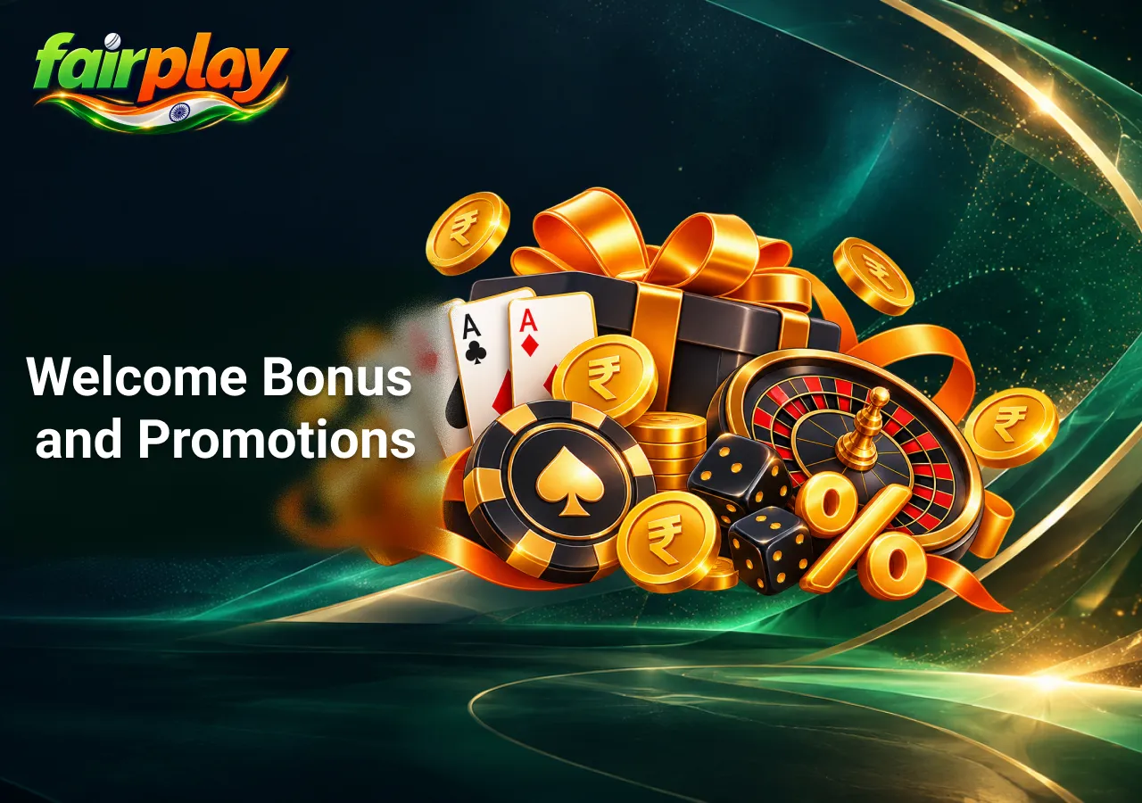 welcome bonus and promotions illustrated with casino chips, roulette, playing cards and Indian rupee coins.