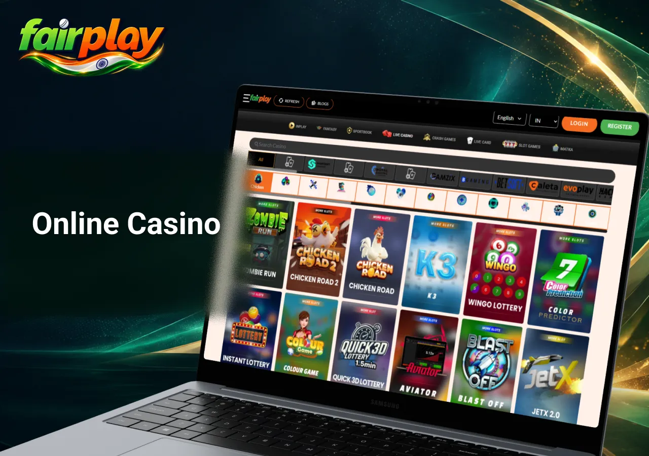 online casino game selection showing slots, Chicken Road, Aviator, JetX and lottery games on a laptop.